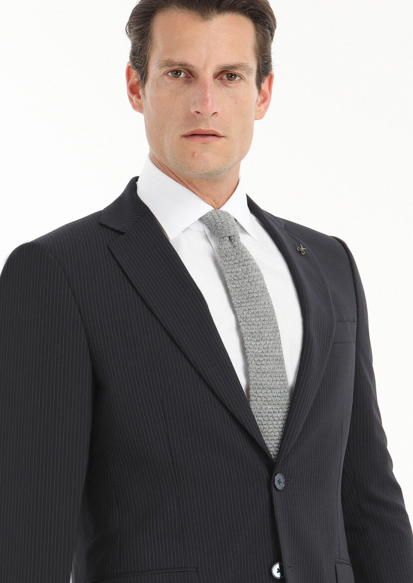 Lacivert Çizgili Thin&taller Slim Fit %100 Yün Takım Elbise - 3