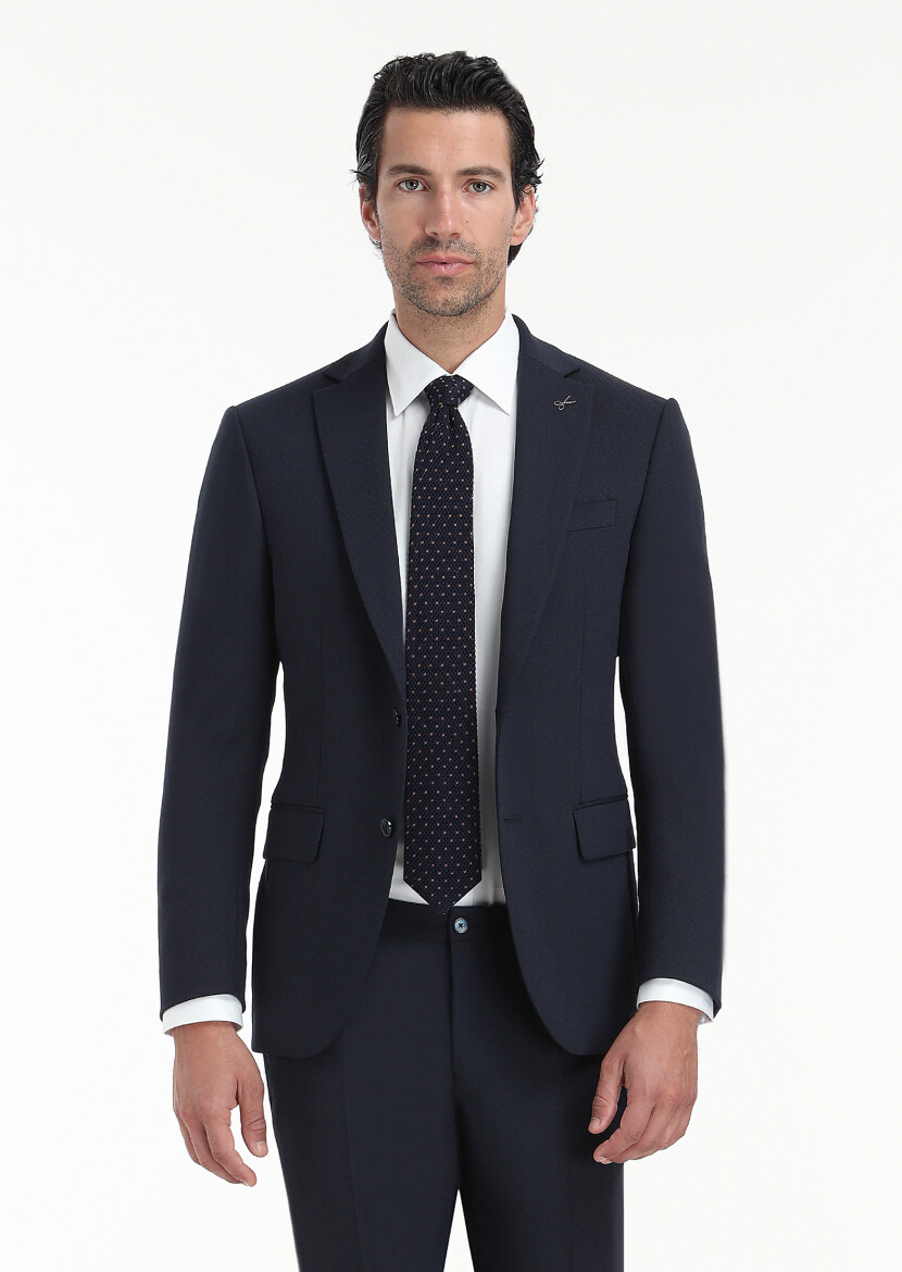 Lacivert Desenli Modern Fit Yün Karışımlı Takım Elbise - 1