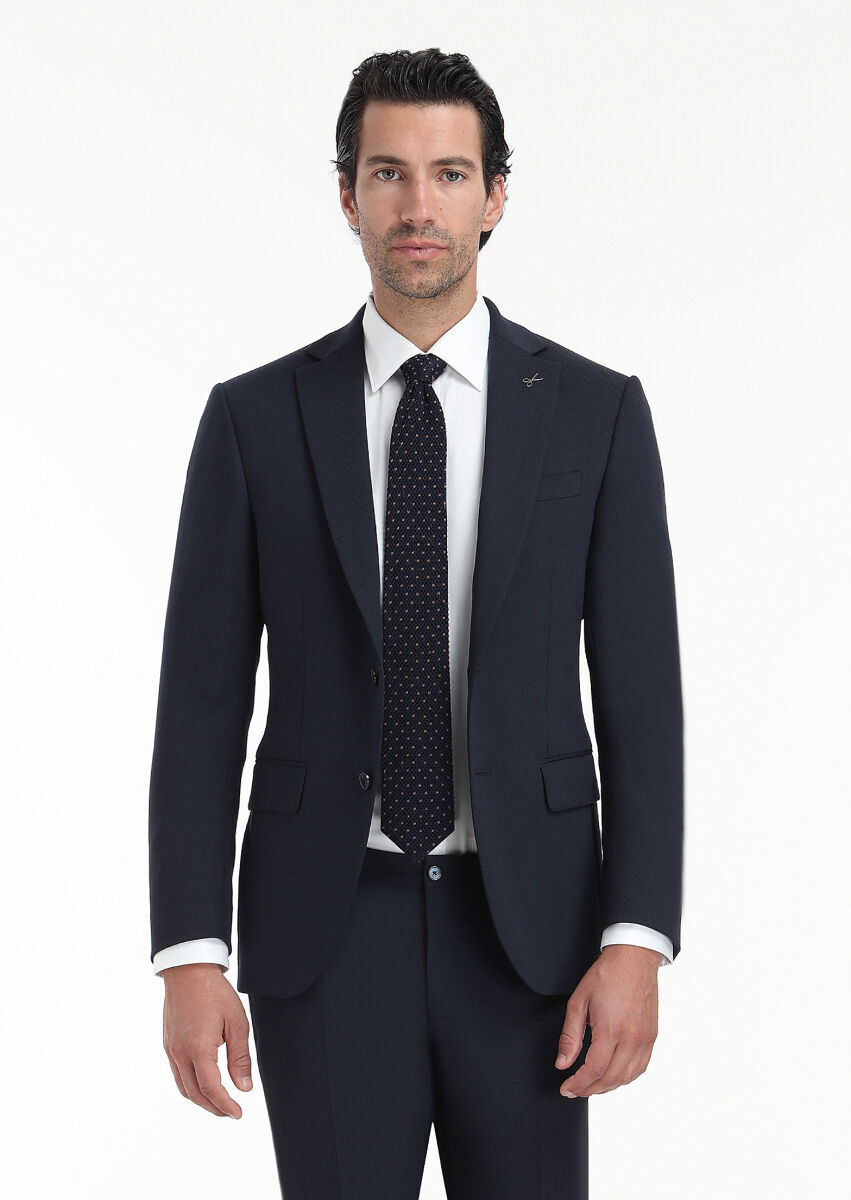 Lacivert Desenli Modern Fit Yün Karışımlı Takım Elbise - 1