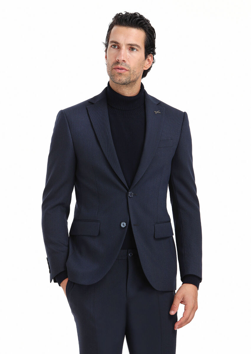 Lacivert Desenli Modern Fit Yün Karışımlı Takım Elbise - 4