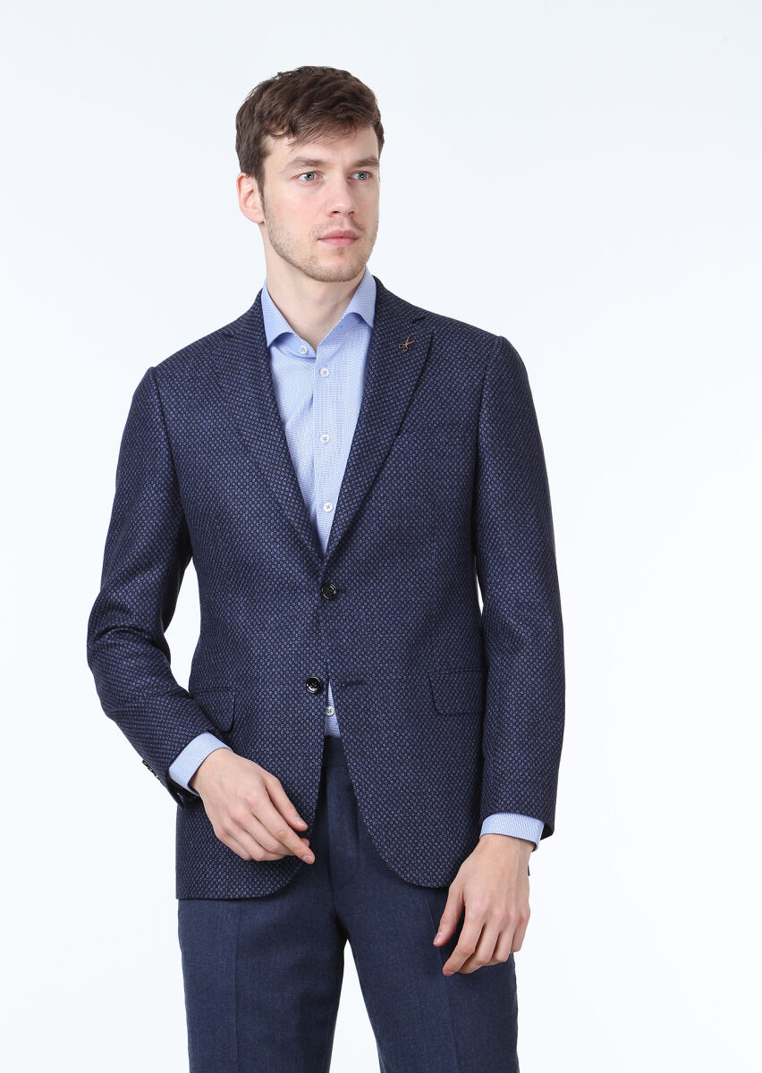 Lacivert Desenli Regular Fit İpek Karışımlı Ceket - 1