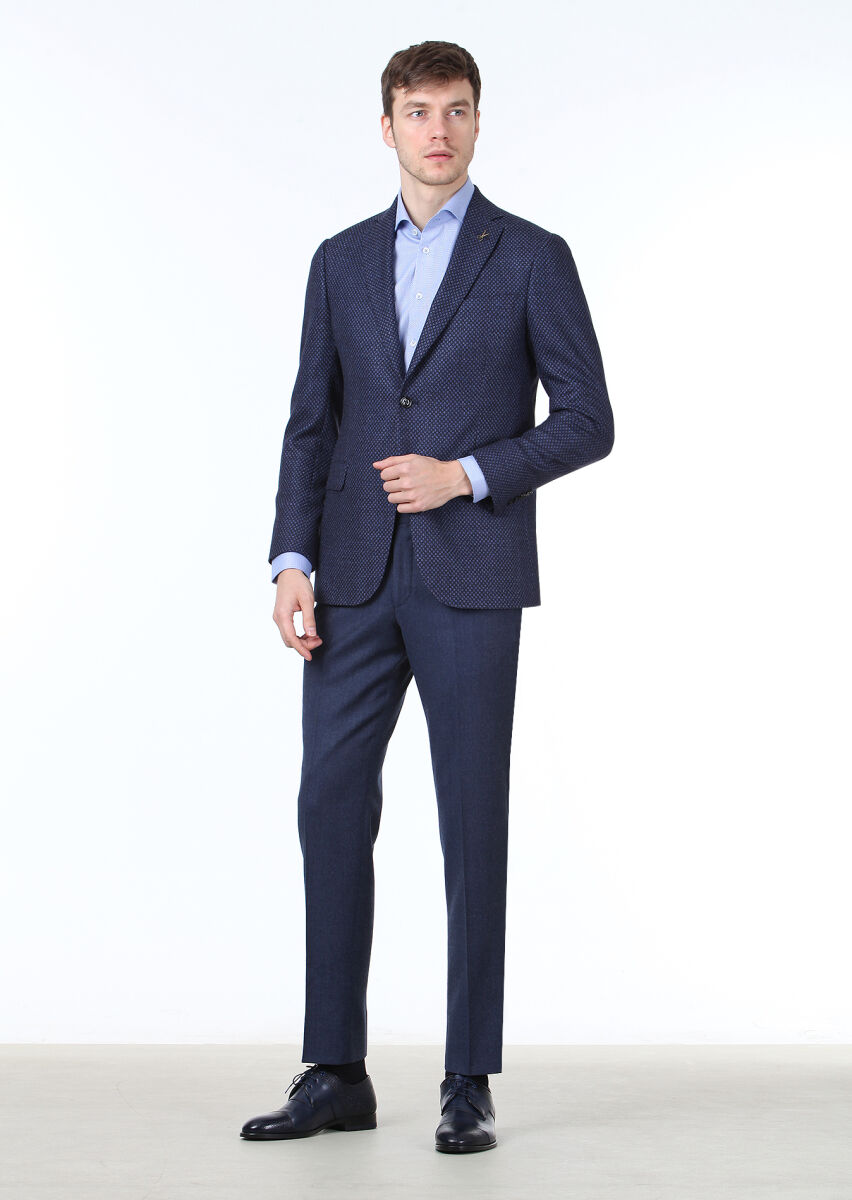 Lacivert Desenli Regular Fit İpek Karışımlı Ceket - 3