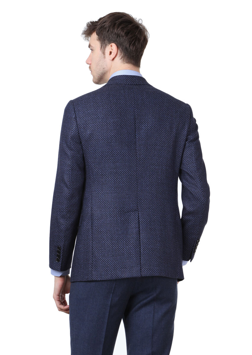 Lacivert Desenli Regular Fit İpek Karışımlı Ceket - 4