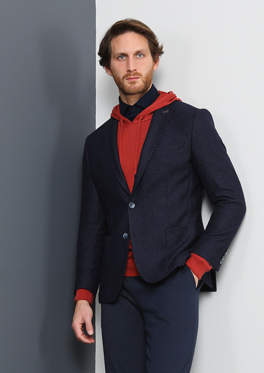 Lacivert Desenli Zeroweight Slim Fit Yün Karışımlı Örme Ceket - 1
