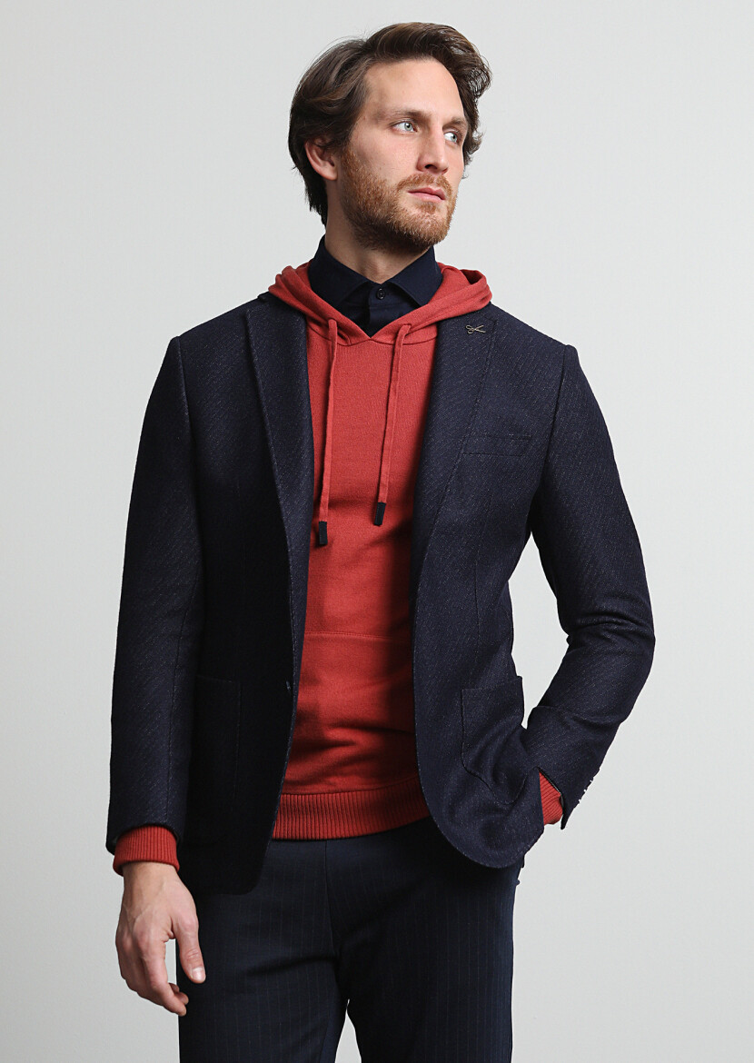 Lacivert Desenli Zeroweight Slim Fit Yün Karışımlı Örme Ceket - 3