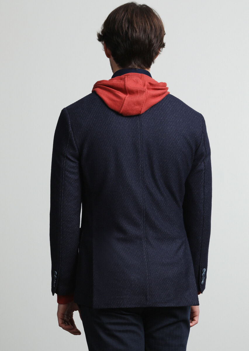 Lacivert Desenli Zeroweight Slim Fit Yün Karışımlı Örme Ceket - 4