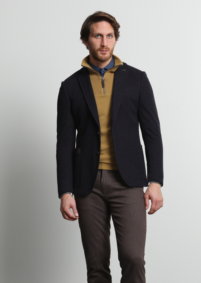 Lacivert Desenli Zeroweight Slim Fit Yün Karışımlı Örme Ceket - 3