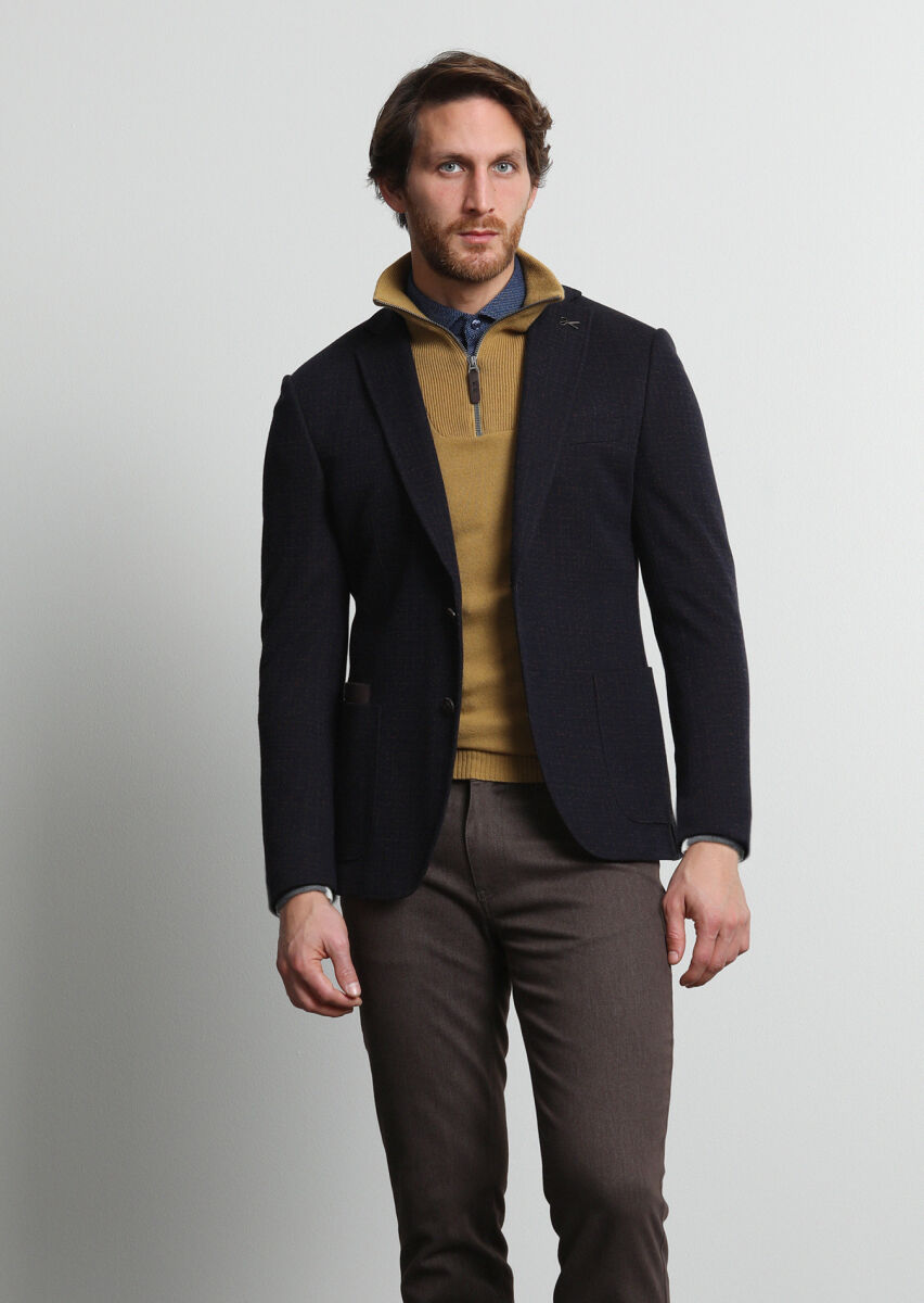 Lacivert Desenli Zeroweight Slim Fit Yün Karışımlı Örme Ceket - 3