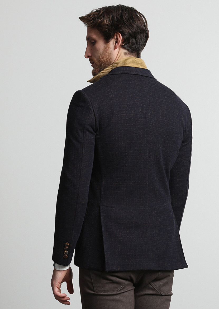 Lacivert Desenli Zeroweight Slim Fit Yün Karışımlı Örme Ceket - 4