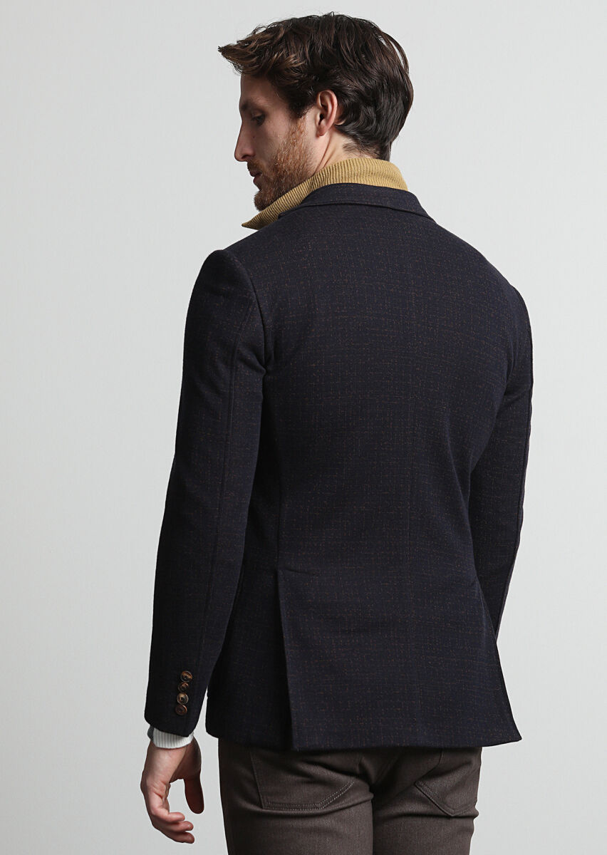 Lacivert Desenli Zeroweight Slim Fit Yün Karışımlı Örme Ceket - 4