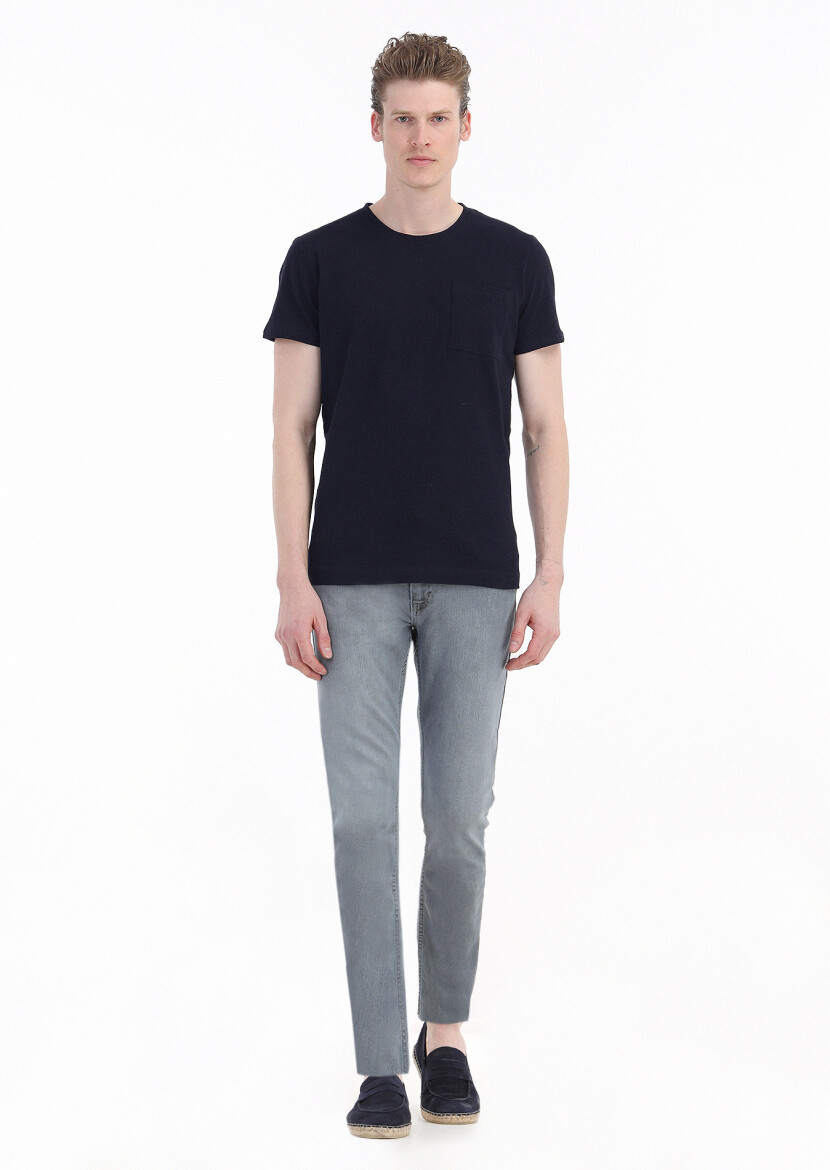 Lacivert Düz Bisiklet Yaka %100 Keten T-Shirt - 1