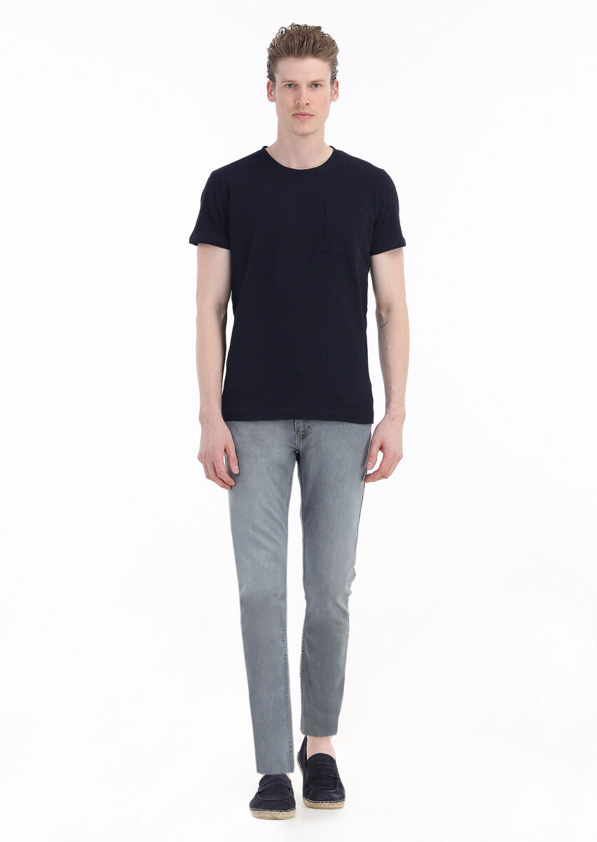 Lacivert Düz Bisiklet Yaka %100 Keten T-Shirt - 1