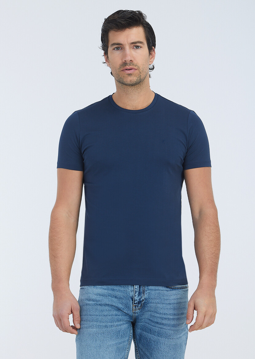 Lacivert Düz Bisiklet Yaka %100 Pamuk T-Shirt 
