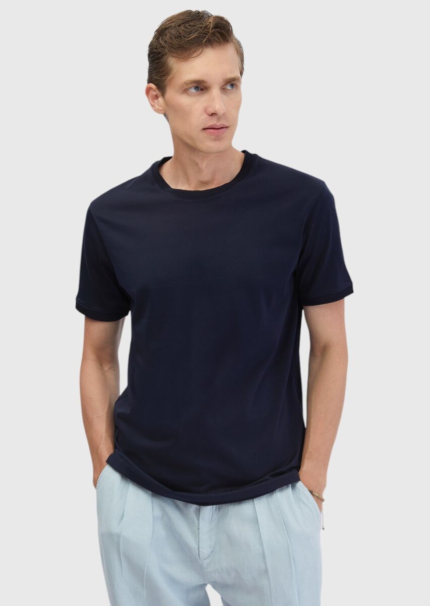 Lacivert Düz Bisiklet Yaka %100 Pamuk T-Shirt - 1