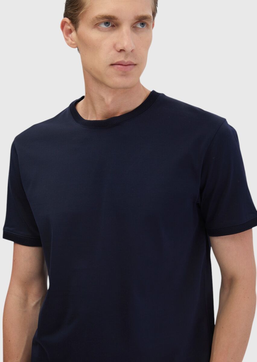Lacivert Düz Bisiklet Yaka %100 Pamuk T-Shirt - 3