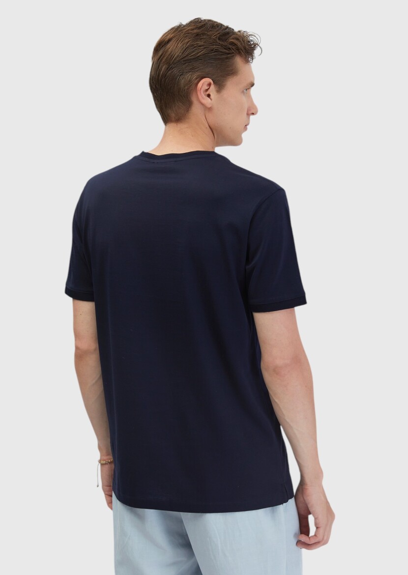 Lacivert Düz Bisiklet Yaka %100 Pamuk T-Shirt - 6