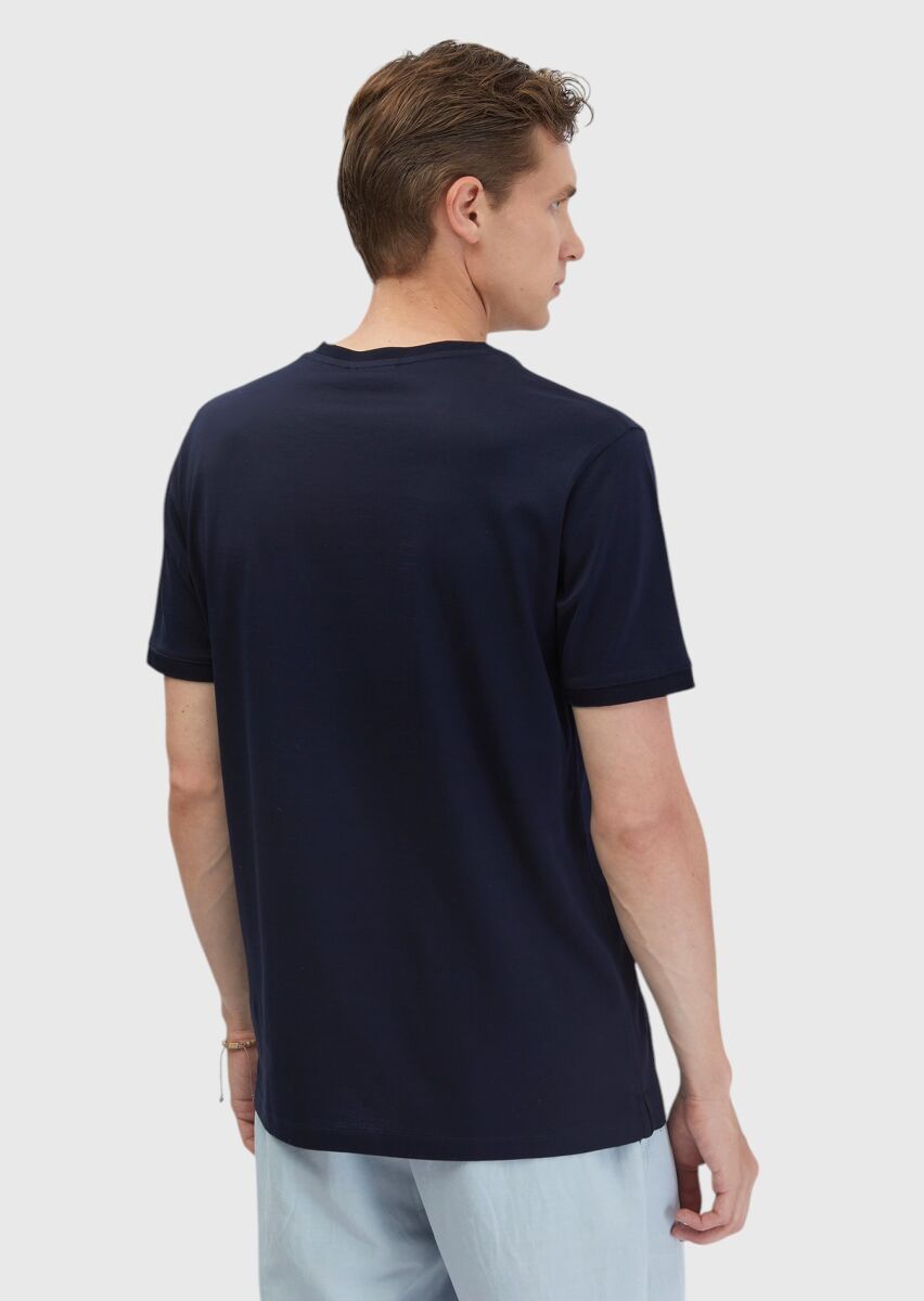 Lacivert Düz Bisiklet Yaka %100 Pamuk T-Shirt - 6