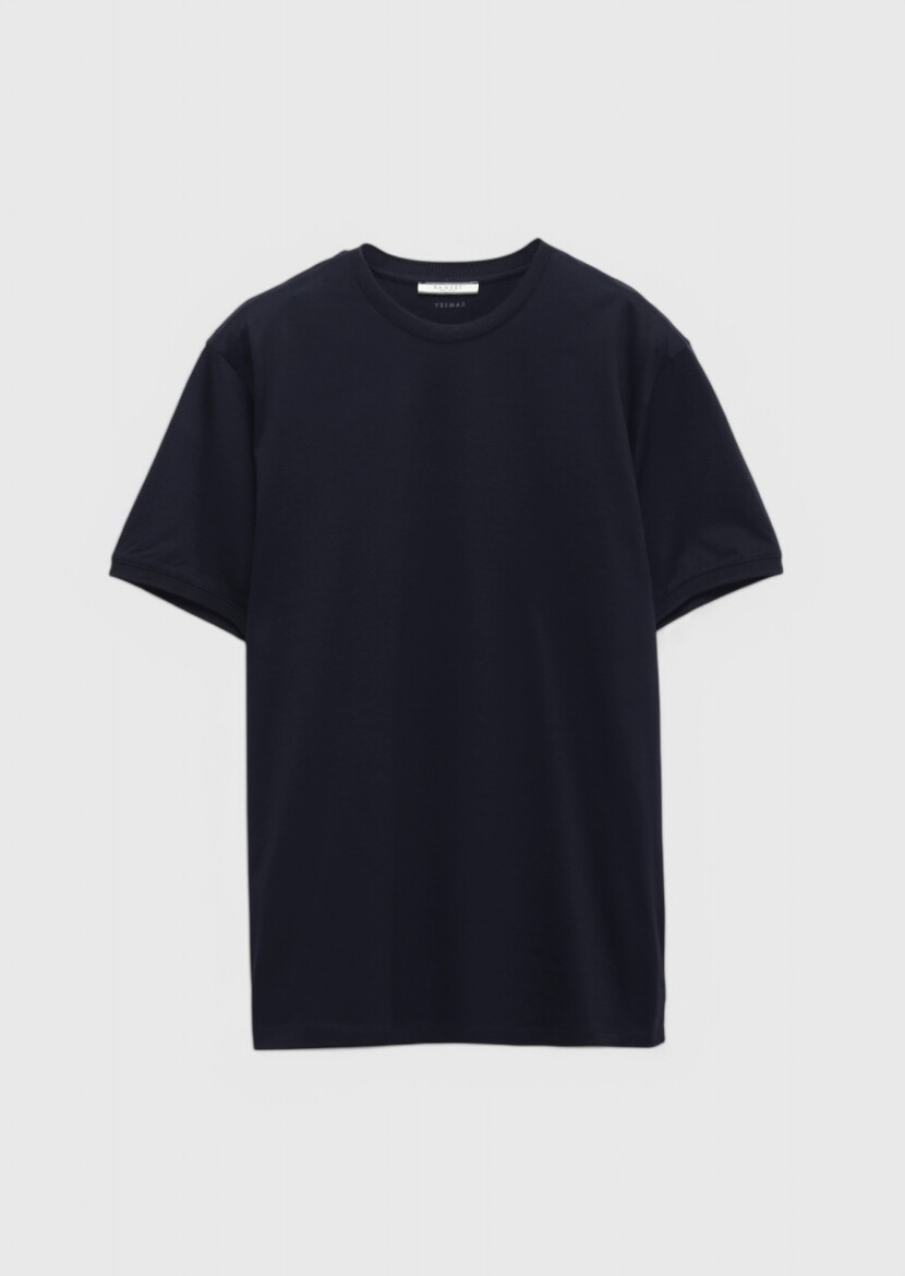 Lacivert Düz Bisiklet Yaka %100 Pamuk T-Shirt - 7
