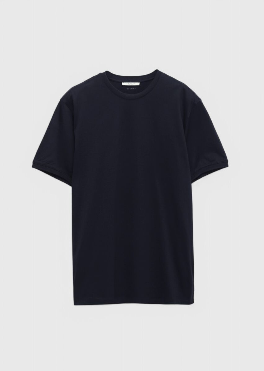 Lacivert Düz Bisiklet Yaka %100 Pamuk T-Shirt - 7