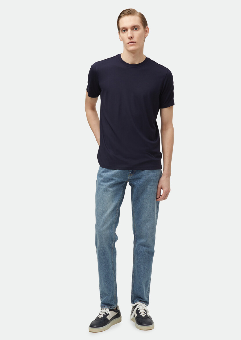Lacivert Düz Bisiklet Yaka T-Shirt 