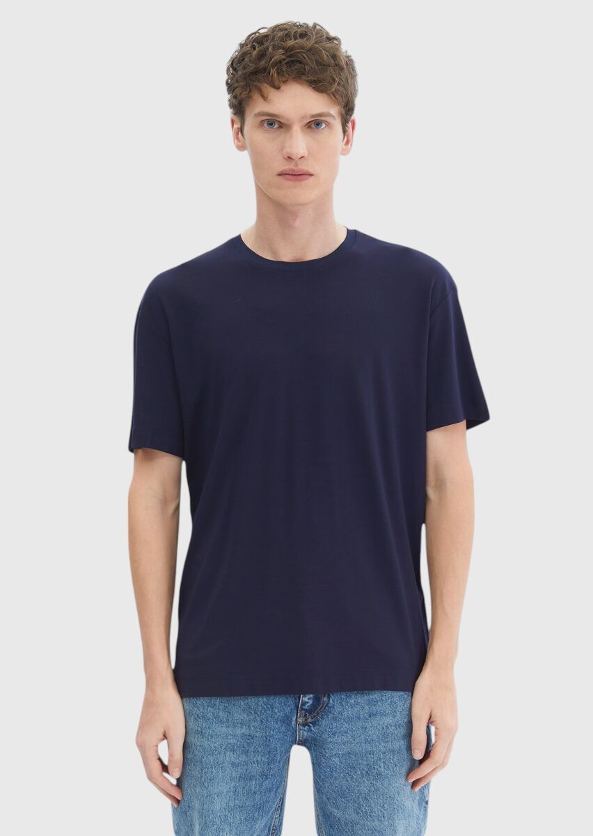 Lacivert Düz Bisiklet Yaka T-Shirt - 1