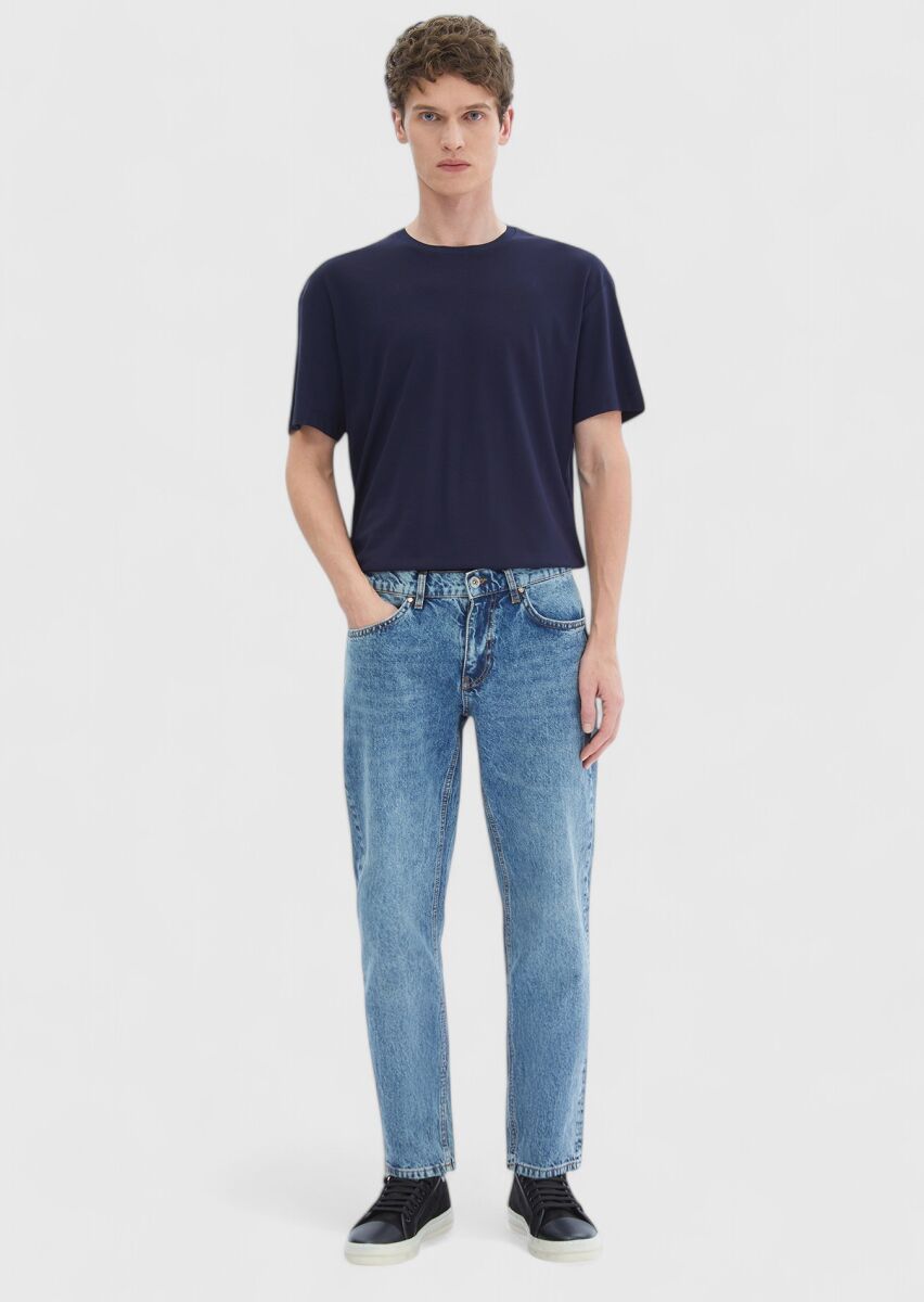 Lacivert Düz Bisiklet Yaka T-Shirt - 2