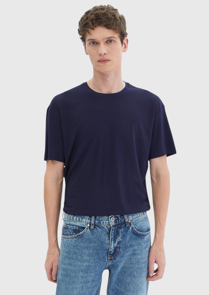 Lacivert Düz Bisiklet Yaka T-Shirt - 3