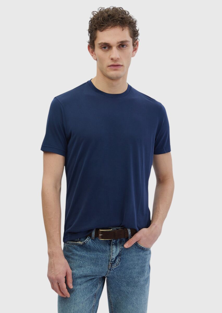 Lacivert Düz Bisiklet Yaka T-Shirt - 1