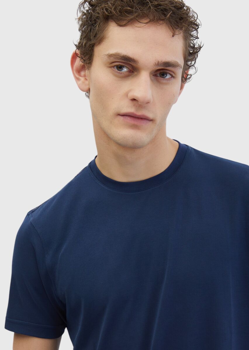 Lacivert Düz Bisiklet Yaka T-Shirt - 3