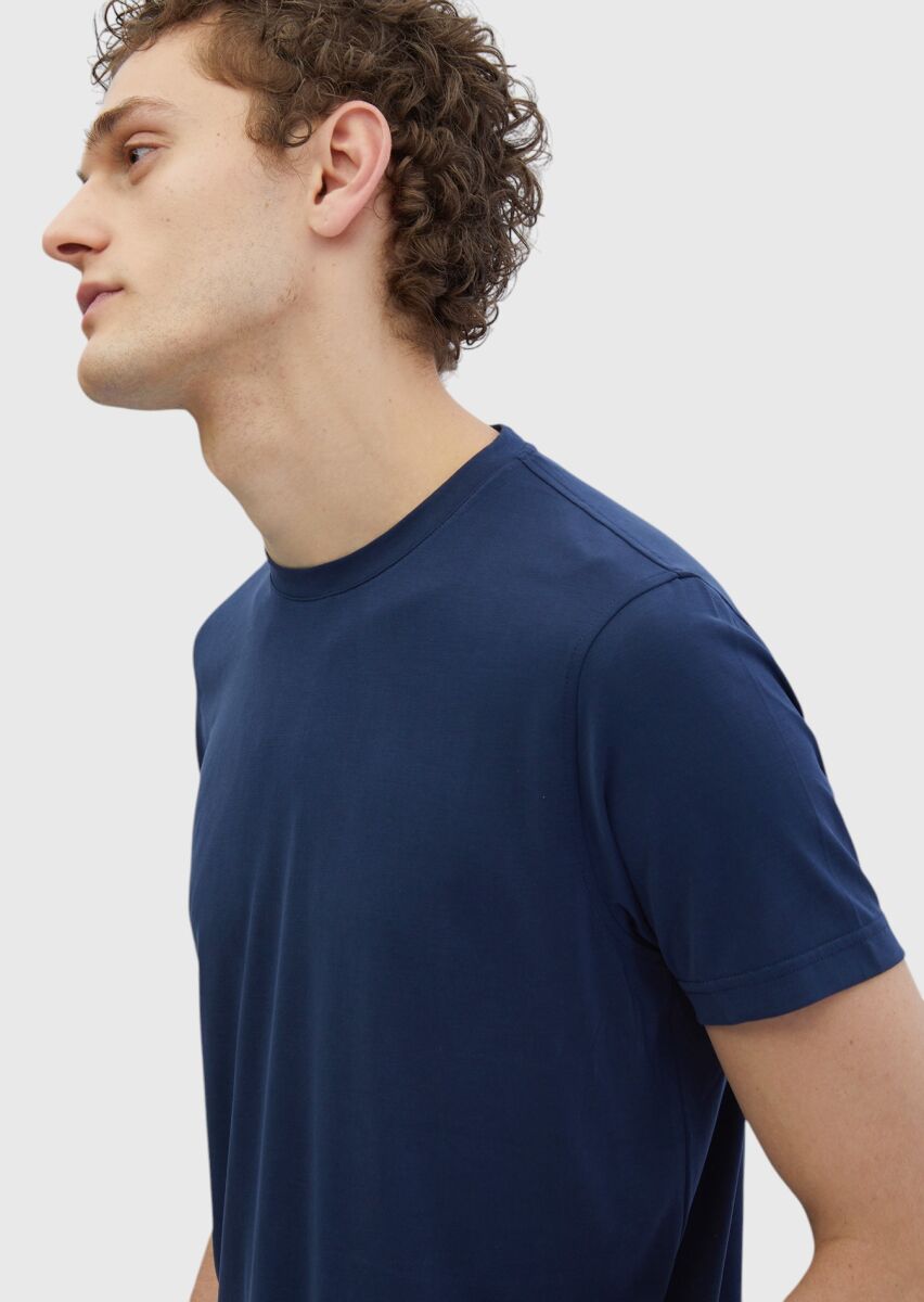 Lacivert Düz Bisiklet Yaka T-Shirt - 4