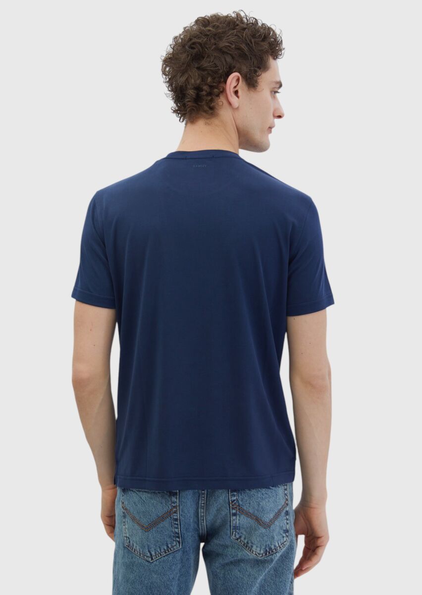 Lacivert Düz Bisiklet Yaka T-Shirt - 5