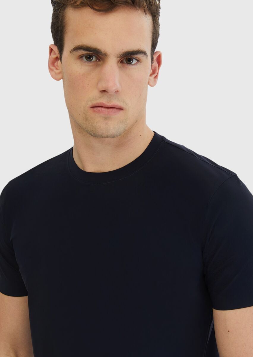 Lacivert Düz Bisiklet Yaka T-Shirt - 3