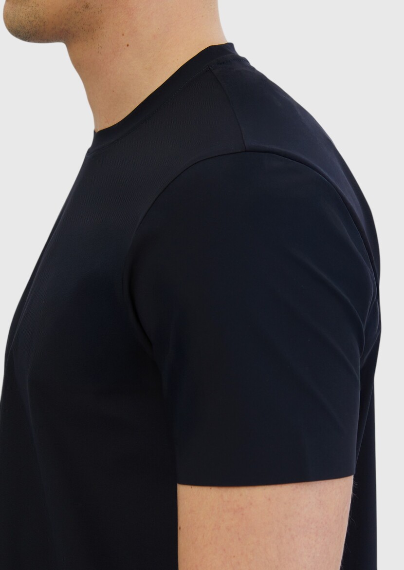 Lacivert Düz Bisiklet Yaka T-Shirt - 4