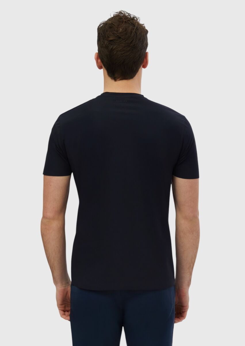 Lacivert Düz Bisiklet Yaka T-Shirt - 5