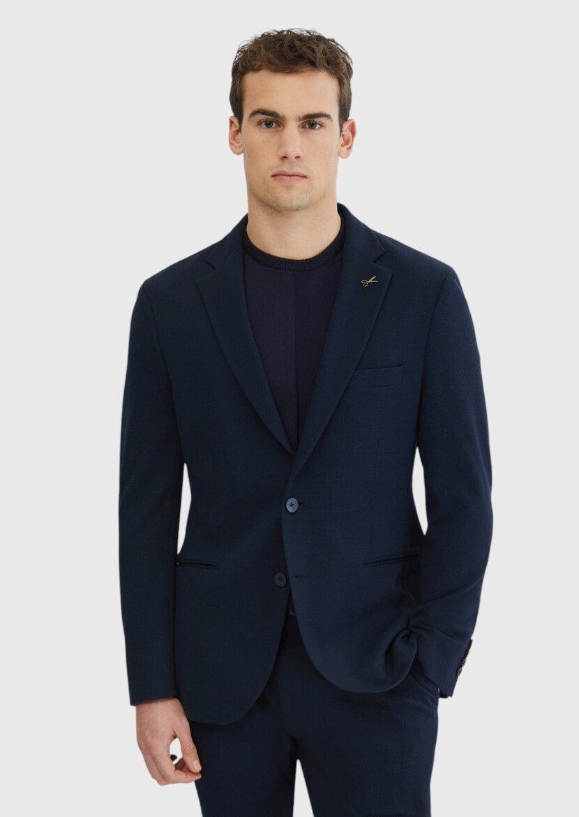 Lacivert Düz Comfort Fit Örme Takım Elbise - 1
