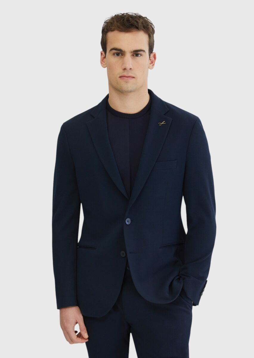 Lacivert Düz Comfort Fit Örme Takım Elbise - 1