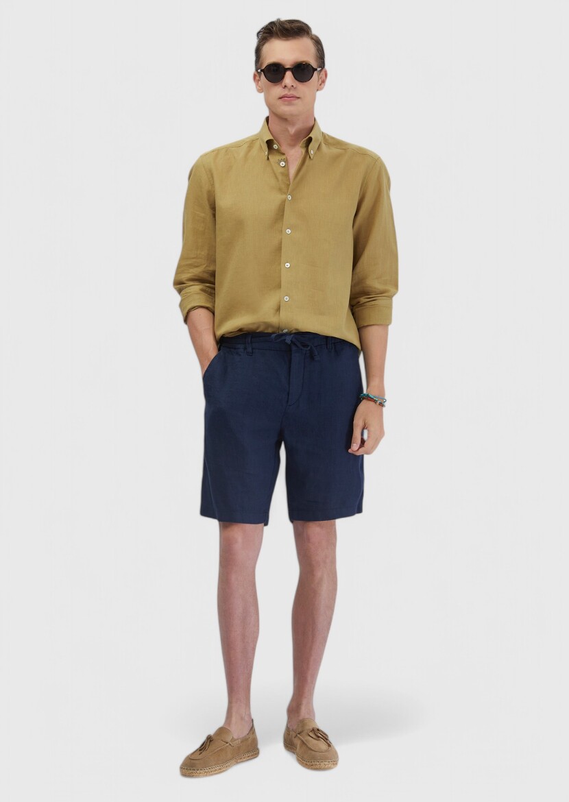 Lacivert Düz Dokuma Carrot Fit Casual %100 Keten Bermuda 