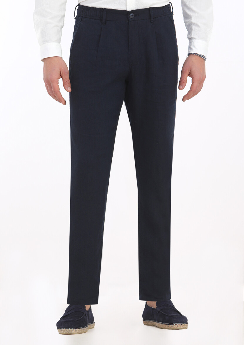 Lacivert Düz Dokuma Jogging Fit Casual %100 Keten Pantolon 