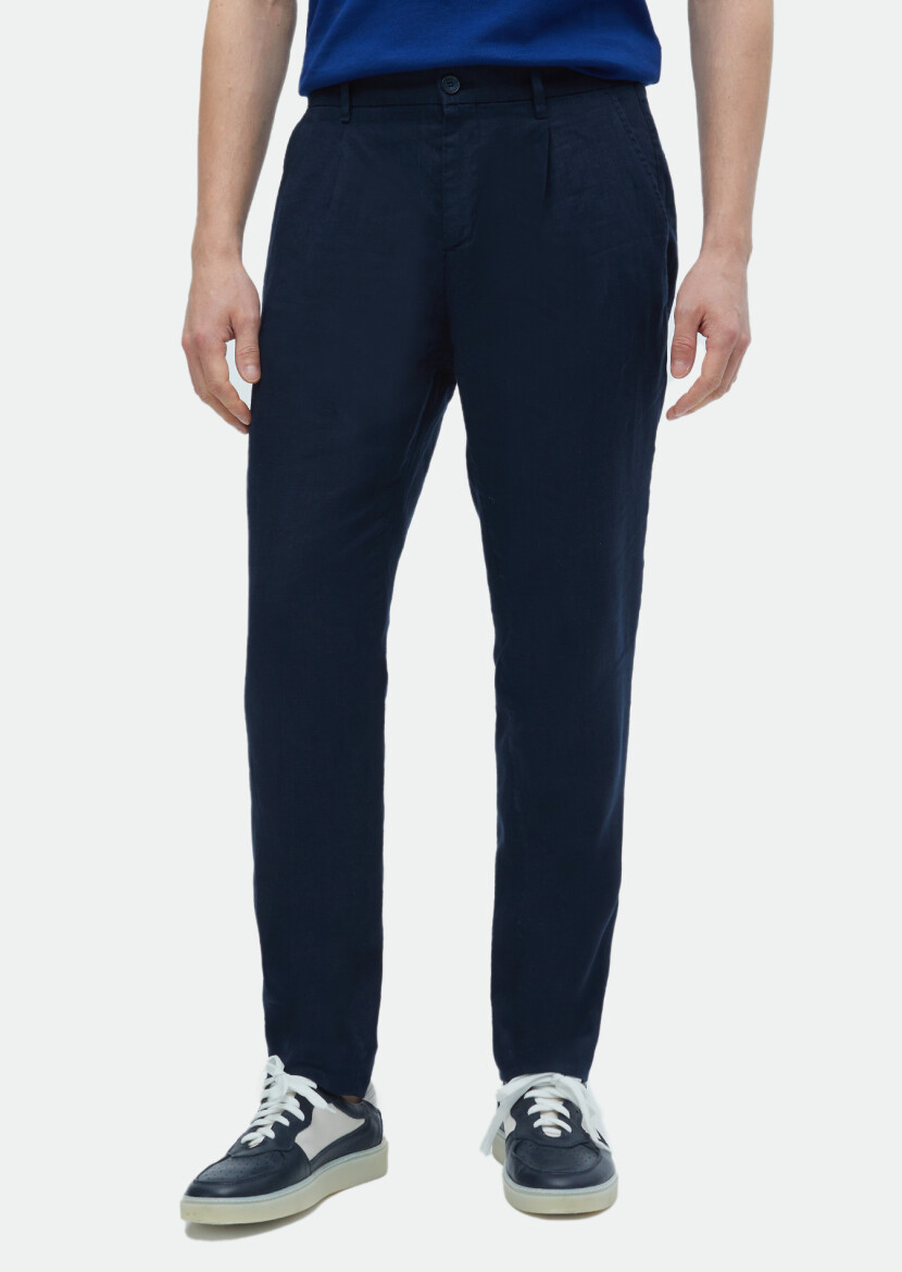 Lacivert Düz Dokuma Jogging Fit Casual %100 Keten Pantolon 