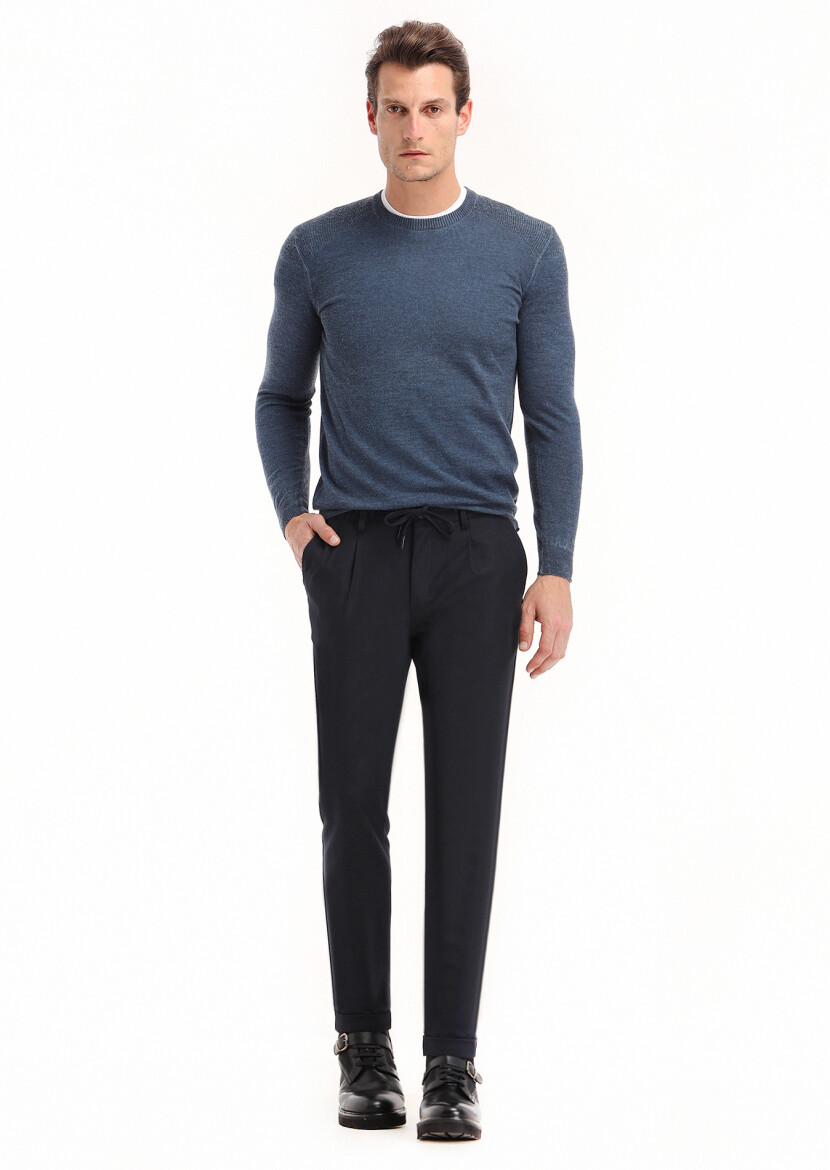 Lacivert Düz Dokuma Jogging Fit Casual Pantolon - 1