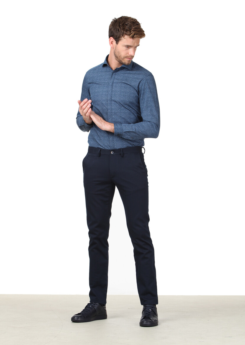 Lacivert Düz Dokuma Regular Fit Casual Pamuk Karışımlı Pantolon 
