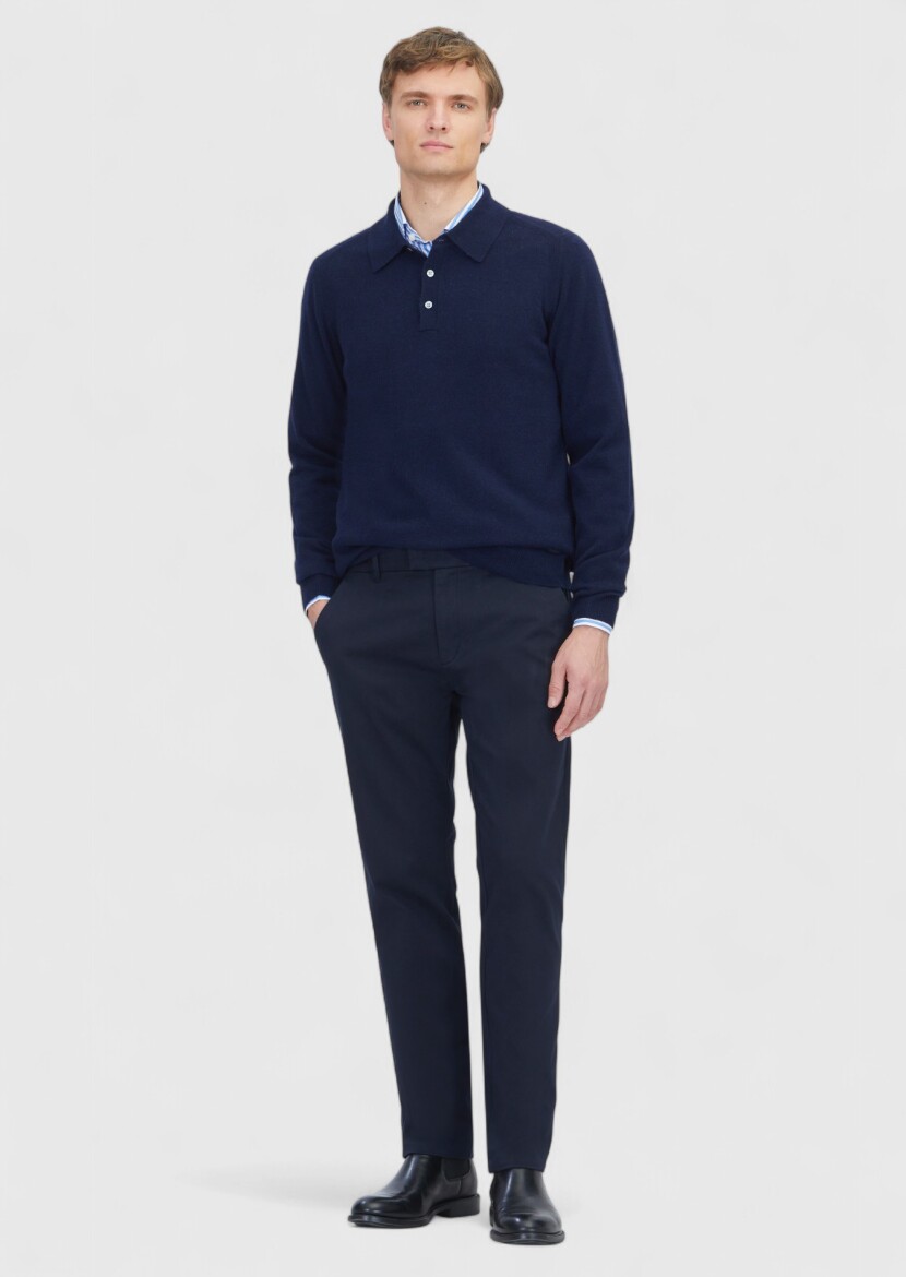 Lacivert Düz Dokuma Regular Fit Casual Pamuk Karışımlı Pantolon - RAMSEY