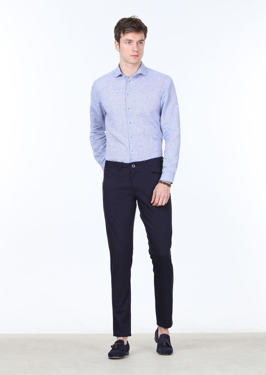 Lacivert Düz Dokuma Slim Fit Casual %100 Pamuk Pantolon - 2