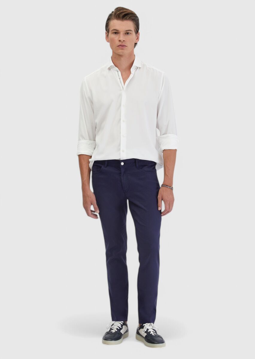 Lacivert Düz Dokuma Slim Fit Casual Keten Karışımlı Pantolon - 1