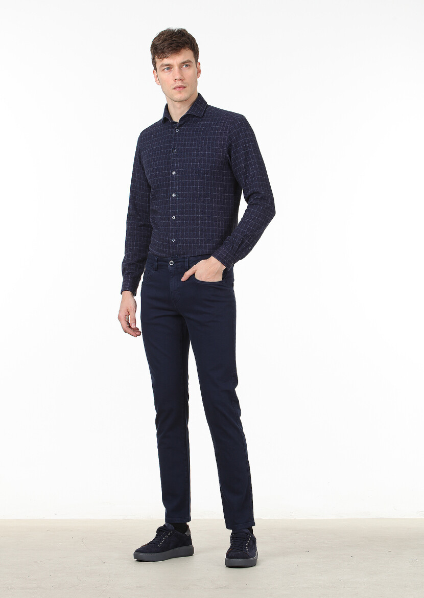 Lacivert Düz Dokuma Slim Fit Casual Pamuk Karışımlı Pantolon 