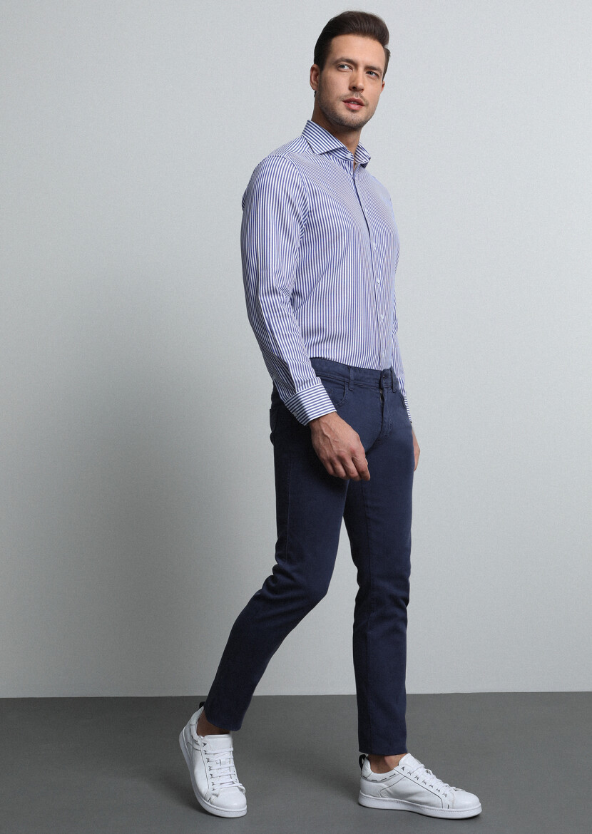 Lacivert Düz Dokuma Slim Fit Casual Pamuk Karışımlı Pantolon 