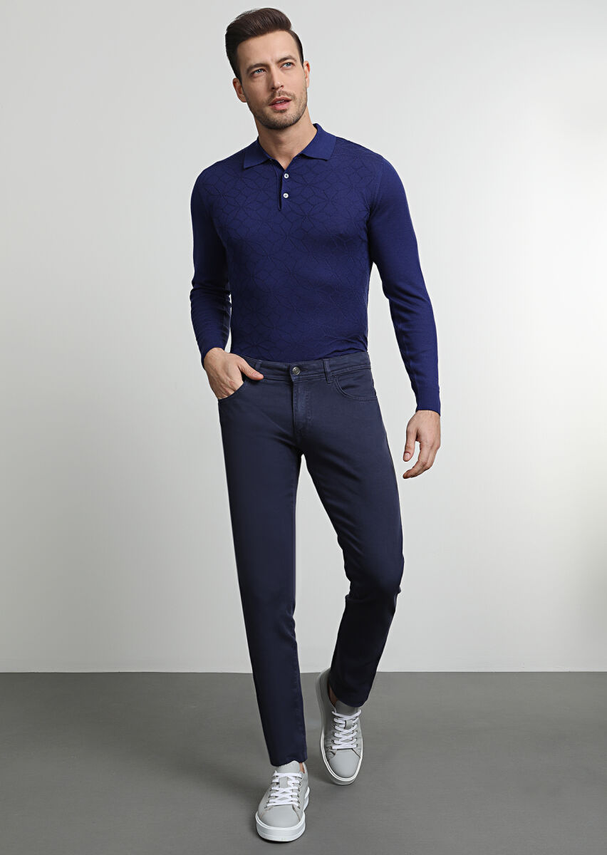 Lacivert Düz Dokuma Slim Fit Casual Pamuk Karışımlı Pantolon - 1