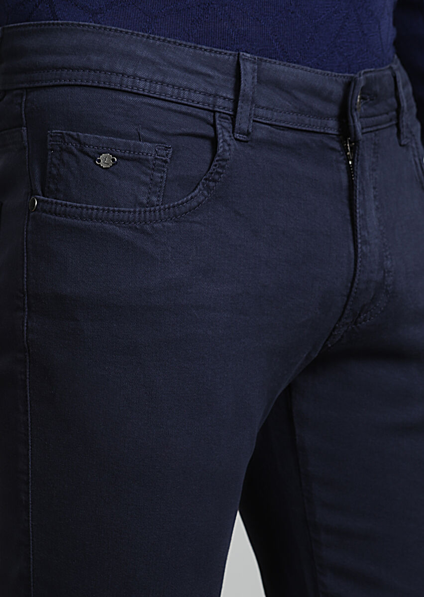 Lacivert Düz Dokuma Slim Fit Casual Pamuk Karışımlı Pantolon - 2