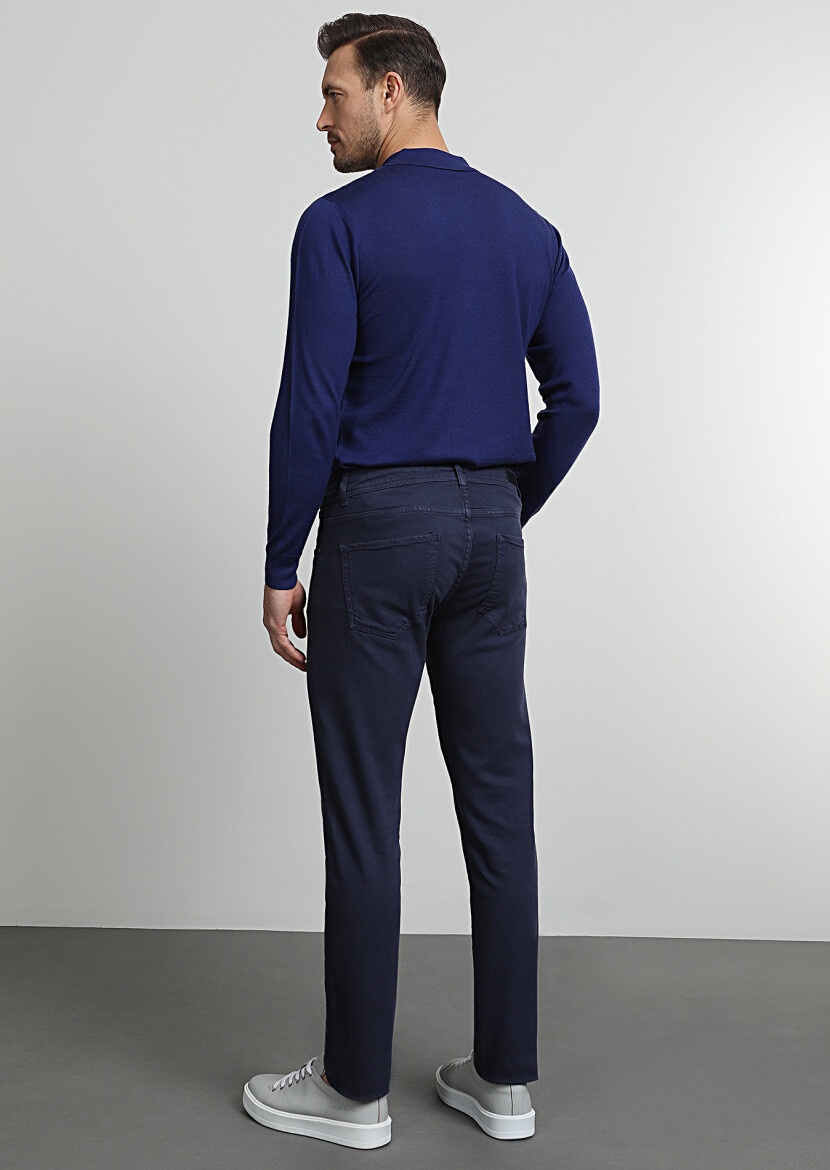 Lacivert Düz Dokuma Slim Fit Casual Pamuk Karışımlı Pantolon - 4