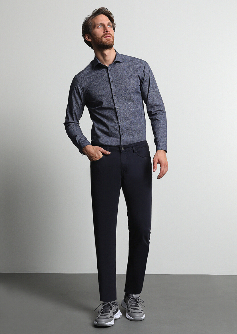 Lacivert Düz Dokuma Slim Fit Casual Pamuk Karışımlı Pantolon 